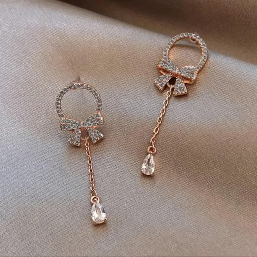 Elegant Bow Water Drop Pendant Stud Earrings - Picture 2 of 7